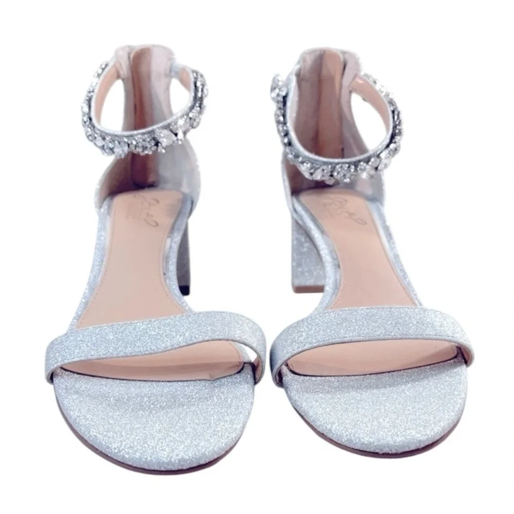 Jewel Badgley Mischka, Shimmery Silver‎ Satin Shoe, Rhinestone Ankle Strap, Sz 8